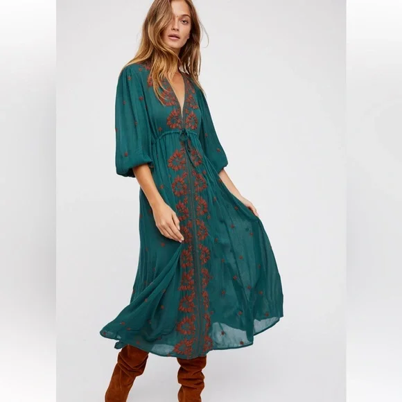 Free People Embroidered Fable Midi Dress - Green - Picture 1 of 5